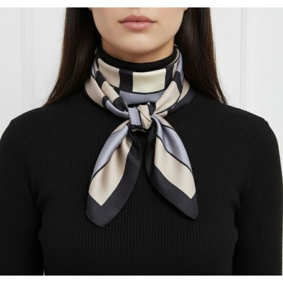 ⭐Luxury Elegant Bandana Silky Satin Square Scarf Gray Beige Geometric Neutral - Picture 1 of 7